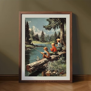 Vintage Fishing Wall Art Rustic River Poster with Boys by the Water, Retro Cabin Decor, Country Summer Print for Outdoorsy Nature Lovers