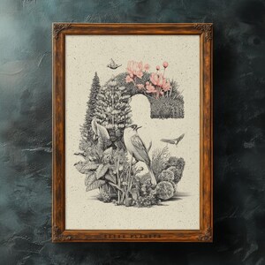 Arte imprimible con la letra C botánica / Dibujo a lápiz con monograma floral / Ilustración de tulipán rosa / Alfabeto natural vintage para decoración de pared