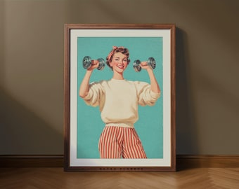 Arte de parede retrô de garota da academia – Pôster vintage de levantamento de peso para decoração de academia em casa (Download digital)