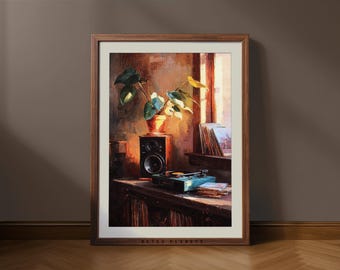 Retro Turntable Print – Cozy Music Room Wall Art | Vintage Vinyl Record Decor (Digital Download)