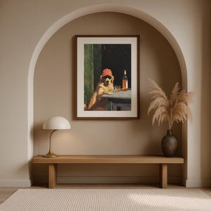 Funny animal wall art framed near kitchen table with warm lighting