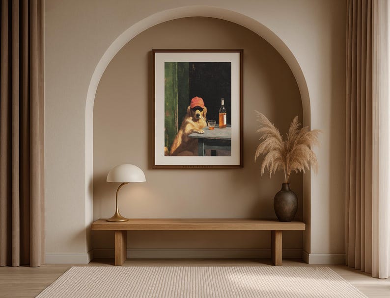 Funny animal wall art framed near kitchen table with warm lighting