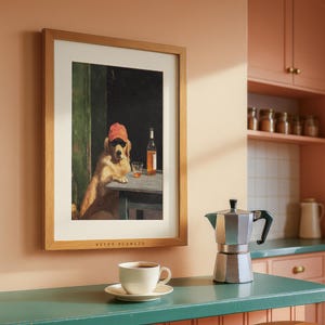Dark humor animal print hanging above kitchen shelf with moody tones