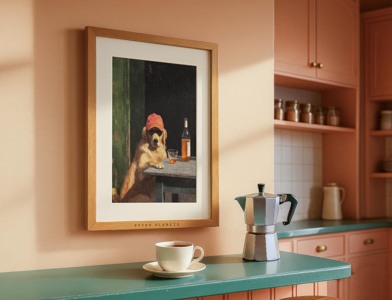 Dark humor animal print hanging above kitchen shelf with moody tones
