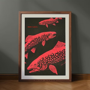 Red Trout Fishing Print: Vintage Lake House Wall Art (Digital Download