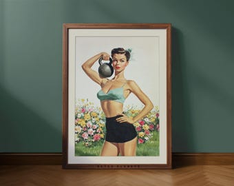 Retro Gym Girl Wall Art – Vintage Fitness Poster for Home Gym Decor (Digital Download)