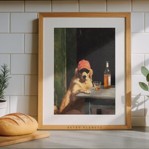 Funny dog bar wall art displayed in modern kitchen with plants and tiles