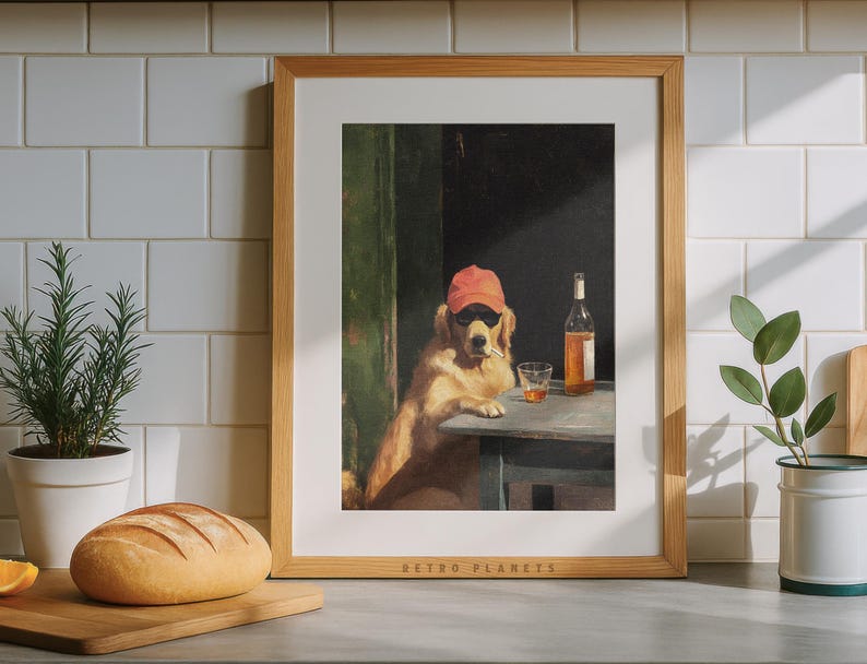 Funny dog bar wall art displayed in modern kitchen with plants and tiles