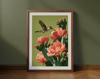 Hummingbird and Cactus Print: Retro Southwestern Desert Art (Digital Download