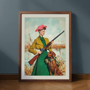 Retro Hunting Poster: Elegant Woman, Dog, Lakeside Scene (Digital Download