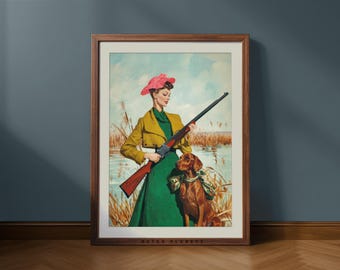 Retro Hunting Poster: Elegant Woman, Dog, Lakeside Scene (Digital Download