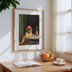 Smoking dog artwork styled as bar decor in vintage kitchen space