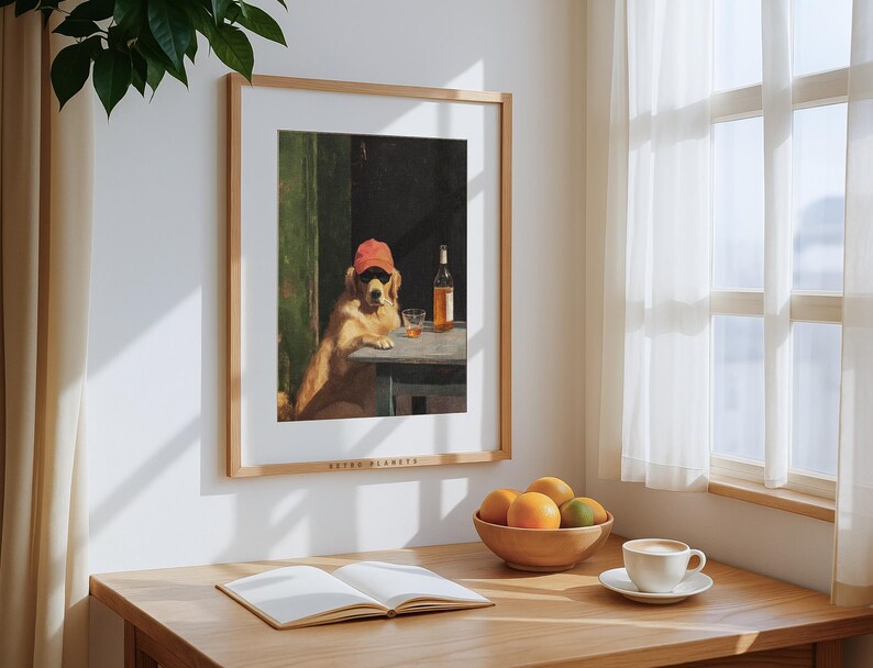 Smoking dog artwork styled as bar decor in vintage kitchen space