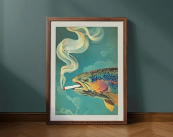 Vintage print op forelvissen: retro kunstvisser voor kajuitdecoratie (digitale download)