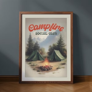Retro Campfire Social Club Print: Vintage Tent Forest Art (Digital Download