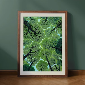 Pode incluir: Uma impressão artística emoldurada com uma vista aérea de um dossel florestal. A obra apresenta copas de árvores verdes exuberantes contra um céu azul claro, com detalhes intrincados de galhos. A moldura é marrom quente. O texto "RETRO PLANETS" é visível na parte inferior.