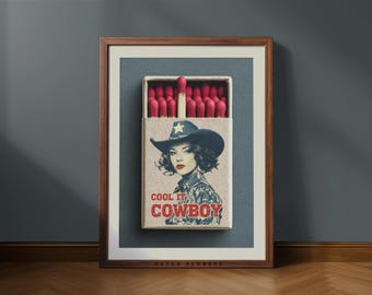 Retro Cowgirl Streichholzschachtel Kunstdruck: Western Rodeo Bar Dekor (Digitaler Download)