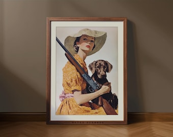Retro Hunting Poster: Elegant Woman with Rifle and Dog (Digital Download)