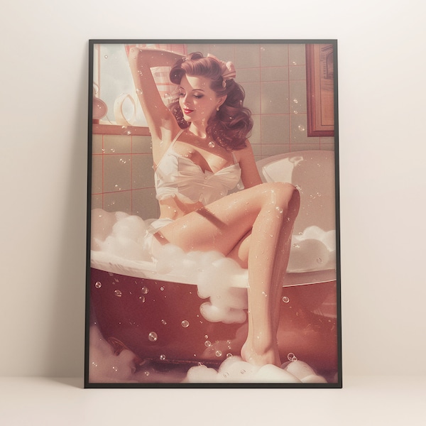 Vintage Style Poster, Retro Woman in Bathtub, Elegant Wall Art, Classic Home Decor, Unique Gift Idea, Chic Design