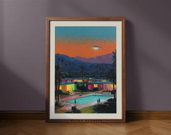 Retro Palm Springs UFO Art Print – Mid Century Modern Desert Motel with Pool, Sci-Fi California Wall Art (Digital Download)