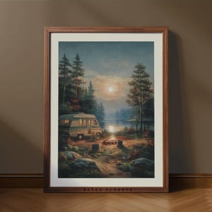 Camper by Lake Wall Art, Vintage RV Campfire Poster, Outdoorsy Camping Decor, Nature Adventure Print for Cabin, Hiking Gift, RV Lover Art