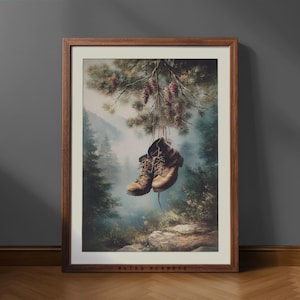 Retro Hiking Boots Wall Art for Cabin Decor, Vintage Outdoor Adventure Poster, Rustic Nature Print for Hiker Gift, Forest Wall Art