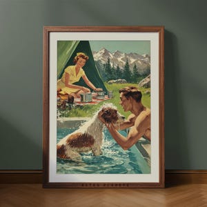Vintage Camping Wall Art – Retro Outdoorsy Print with Couple and Dog by Mountain Tent, Rustic Cabin & Camper Decor | Digital Download