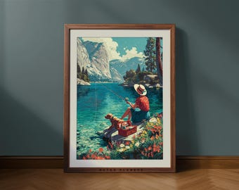 Retro Lake Fishing Poster – Cabin Wall Art (Digital Download)