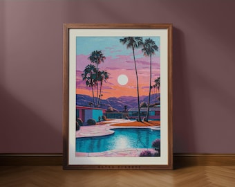Retro Palm Springs Pool Art Print – Sunset Poolside Wall Art, Mid Century Modern Desert Landscape, Colorful Travel Decor (Digital Download)
