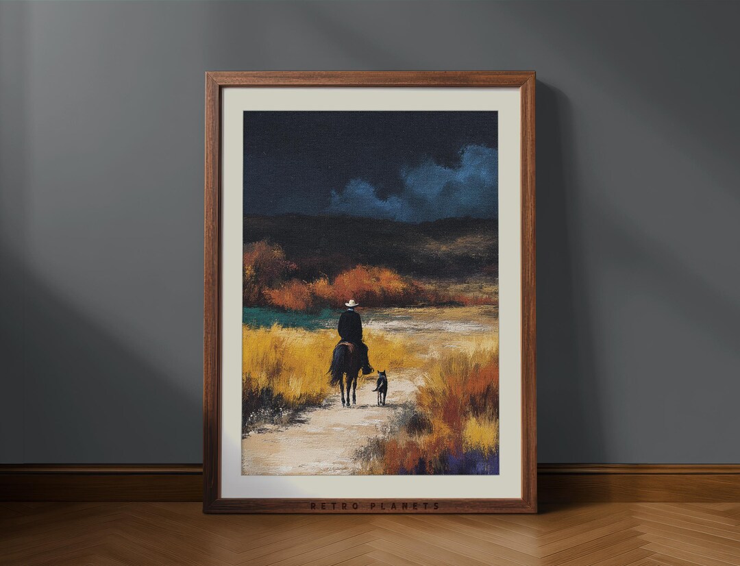 Vintage Cowboy Wall Art Print, Western Horse Rider Landscape With Dog ...