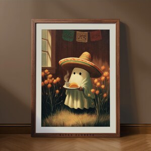 Mexican Ghost Wall Art Halloween Print Fall Café Decor | Retro Sombrero Ghost Kitchen Printable
