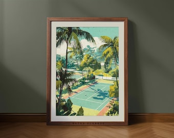 Retro Tropical Tennis Court Print – Coastal Palm Tree Art (Digital Download)