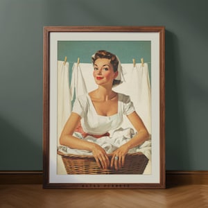 Vintage Woman Laundry Basket Wall Art Print – Retro Utility Room Decor, Farmhouse Laundry Room Poster, Classic Laundry Wall Art