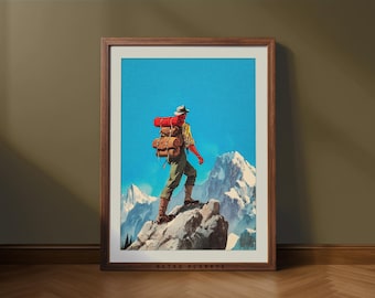 Retro Hiking Art Print – Vintage Mountain Travel Poster (Digital Download)