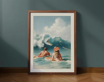 Vintage Surfing Couple Print: Retro Beach Poster, Coastal Wall Art (Digital Download)