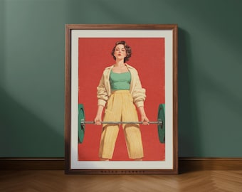 Arte de parede retrô de garota da academia – Pôster vintage de levantamento de peso para decoração de academia em casa (Download digital)