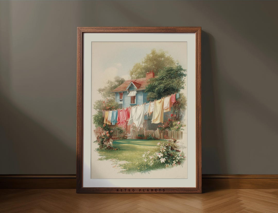 Vintage Laundry Day Art Print: Country Cottage Garden Scene (digital ...