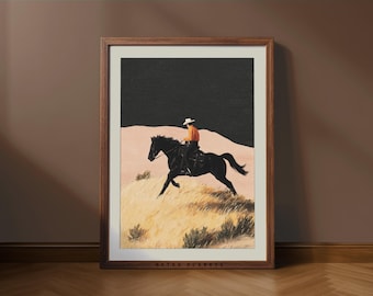 Stampa di cowboy western, arte murale di cowboy a cavallo, arredamento western moderno, arte minimalista in stile ranch, stampabile western neutro