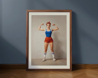 Arte mural retro de chica de gimnasio: ilustración vintage de mujer fuerte entrenando para gimnasio en casa y decoración bohemia de fitness / Descarga digital