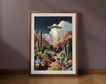 UFO Cowboy Desert Art Print: Retro Sci-Fi Western Landscape (Digital Download)