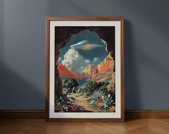 Retro Sci-Fi Western Landscape Print – UFO Canyon Desert Wall Art (Digital Download)