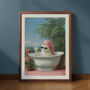 Retro Cat Bathroom Wall Art – Funny Relaxing Cat in Bathtub with Cocktail | Vintage Digital Poster for Guest Toilet, Powder Room, Spa Decor