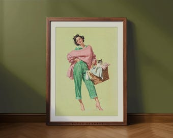 Retro Laundry Woman and Cat Print – Mid-Century Modern Art (Digital Download)
