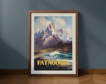 Impresión retro de surf en la Patagonia: Póster de montaña del Parque Nacional (descarga digital)