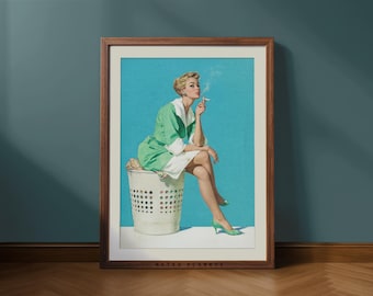 Retro Laundry Woman Wall Art – 1950s Mint Green Laundry Room Print (Digital Download)