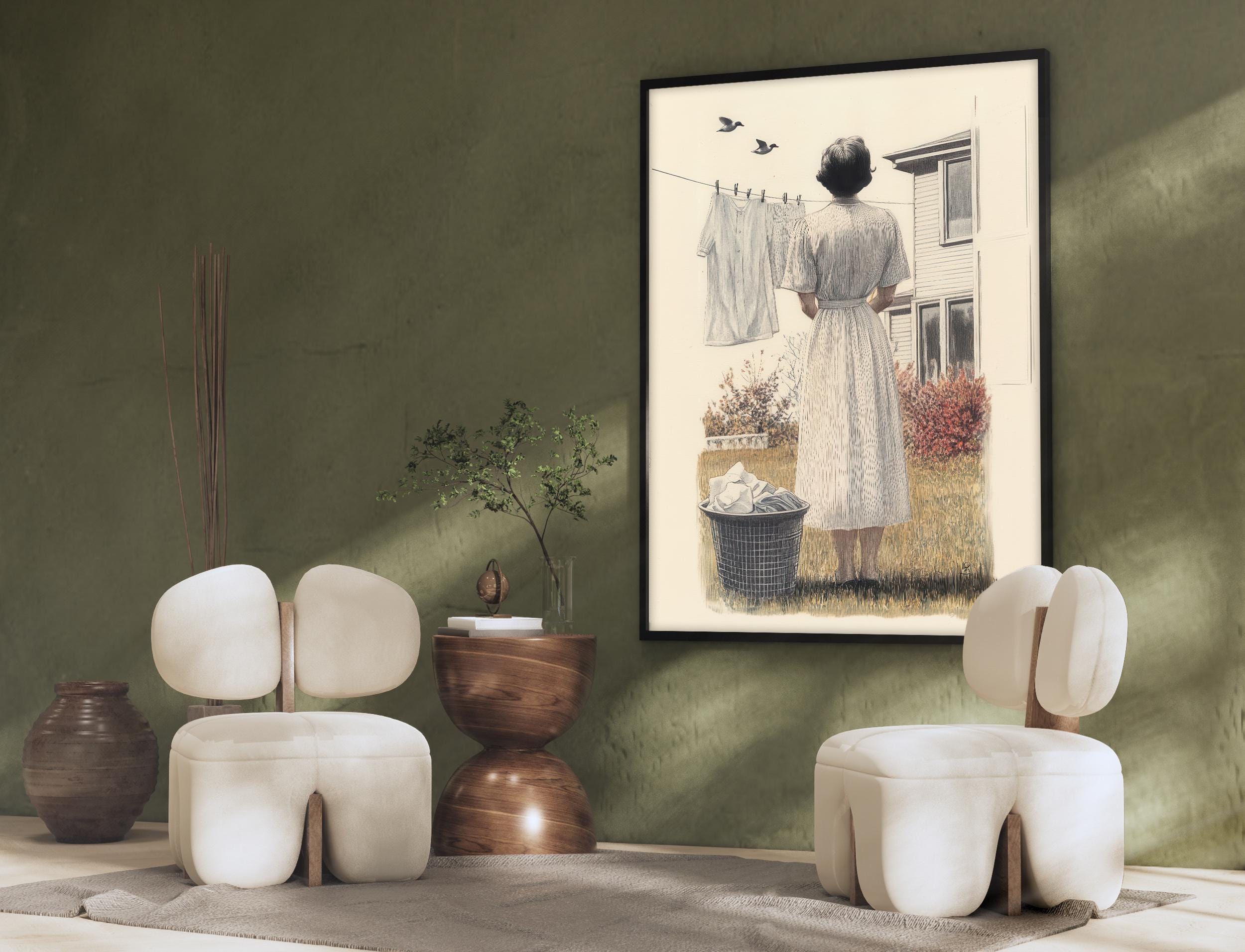 Vintage Laundry Day Art Print, Woman Hanging Clothes, Retro Wall Decor ...
