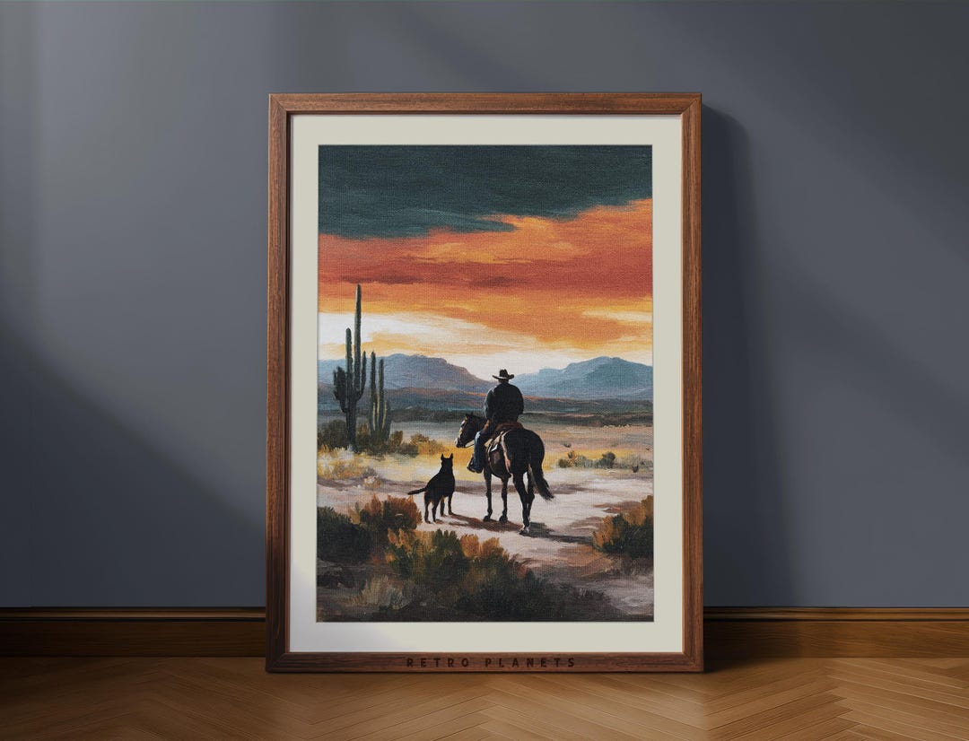 Vintage Cowboy Wall Art Print, Western Horse Rider Landscape, Rustic ...
