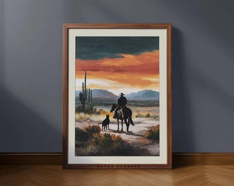 Vintage Cowboy Wall Art Print, Western Horse Rider Landscape, Rustic Wild West Decor, Country Western Printable Art