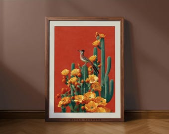 Retro Roadrunner Cactus Art Print - Southwestern Desert Decor (Digital Download)