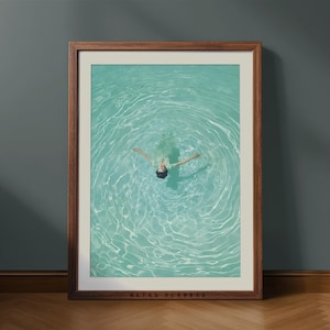 Retro Woman in Swimming Pool Art Print: Light Green Summer Vibes (Digital Download
